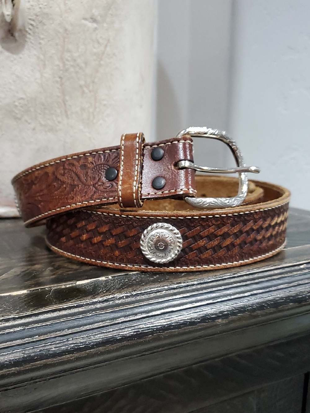 Vintage Brown Tooled & Woven Leather Belt with Silver Concho